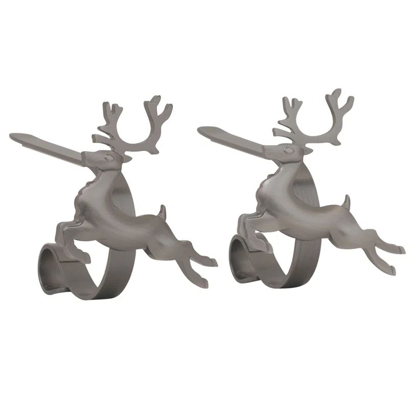 Pewter Reindeer Metal MantleClip Stocking Holders, 2-Pack