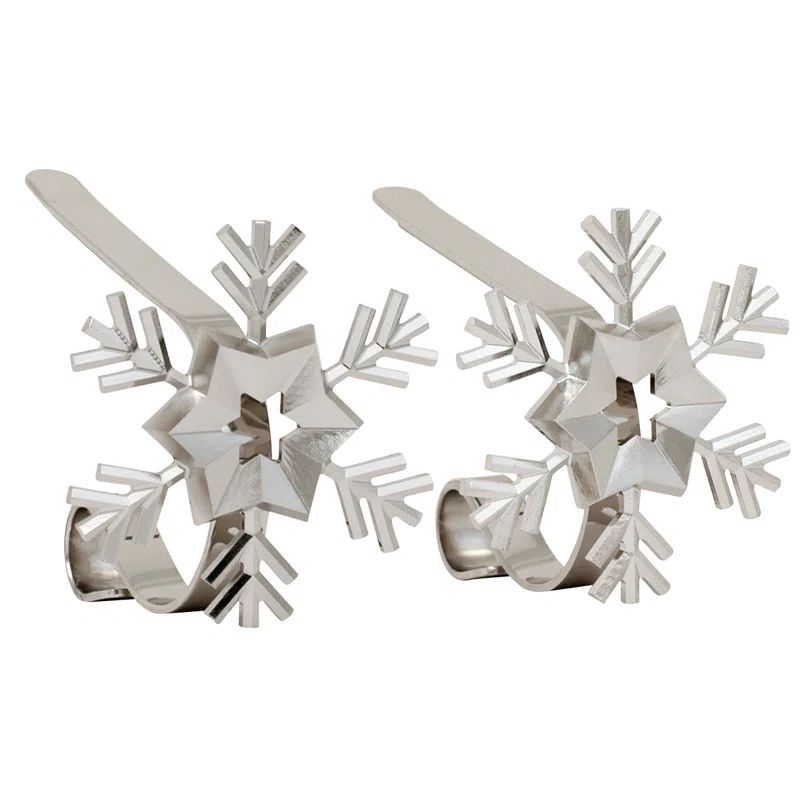 Silver Snowflake Zinc Alloy MantleClip Stocking Holders, 2-Pack