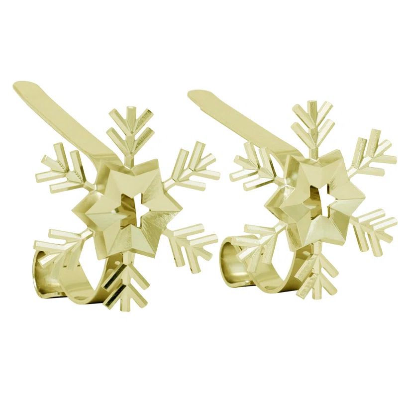 Gold Snowflake Steel MantleClip Stocking Holders, 2-Pack