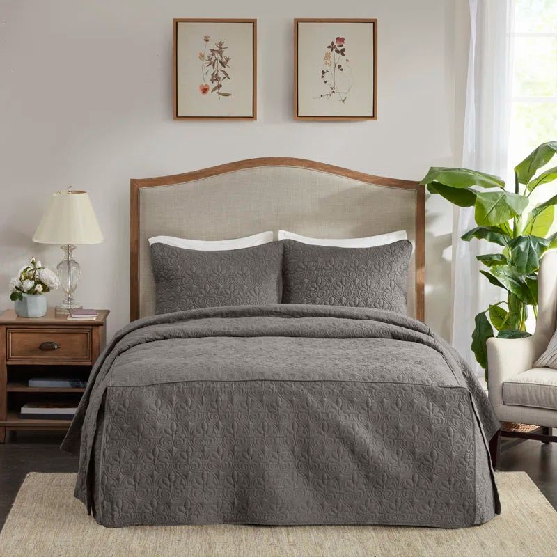 Dark Grey Queen Microfiber Quilted Bedspread Set