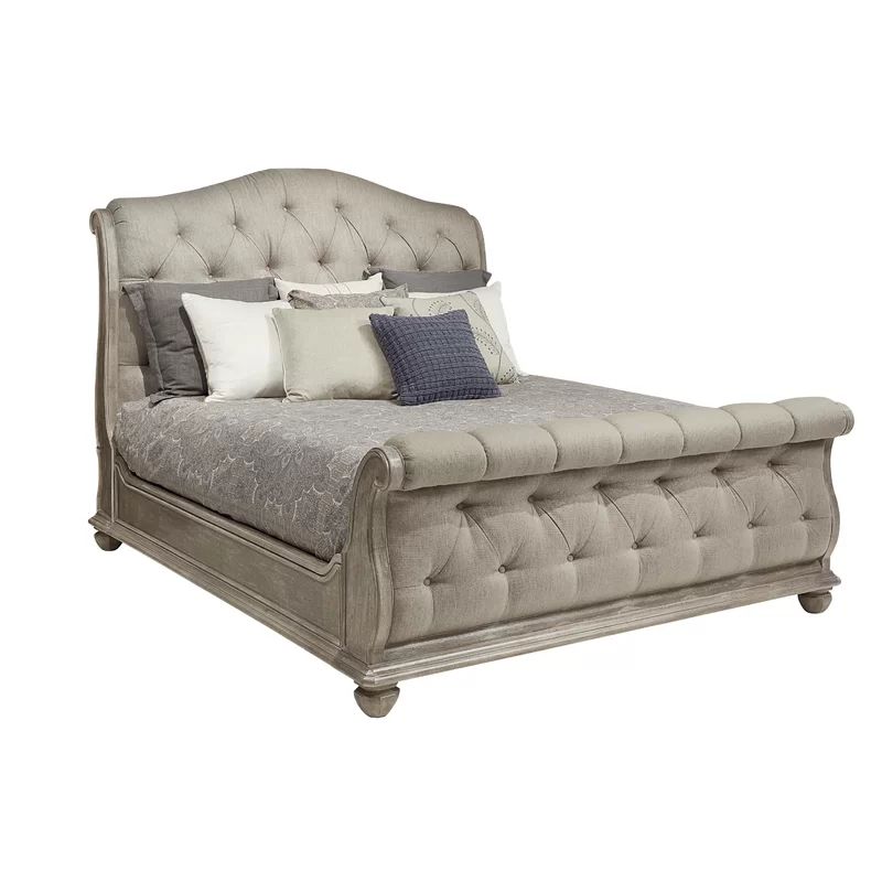 Cottage Beige Queen Upholstered Tufted Sleigh Bed with Oak Details