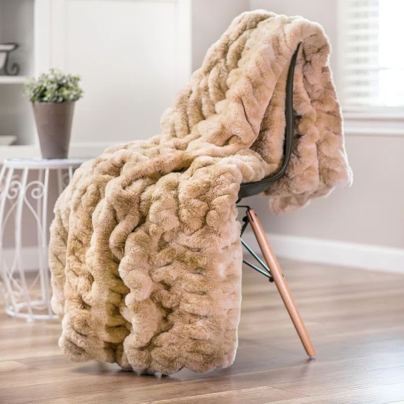 Beige Faux Fur Reversible Throw Blanket 50" x 65"