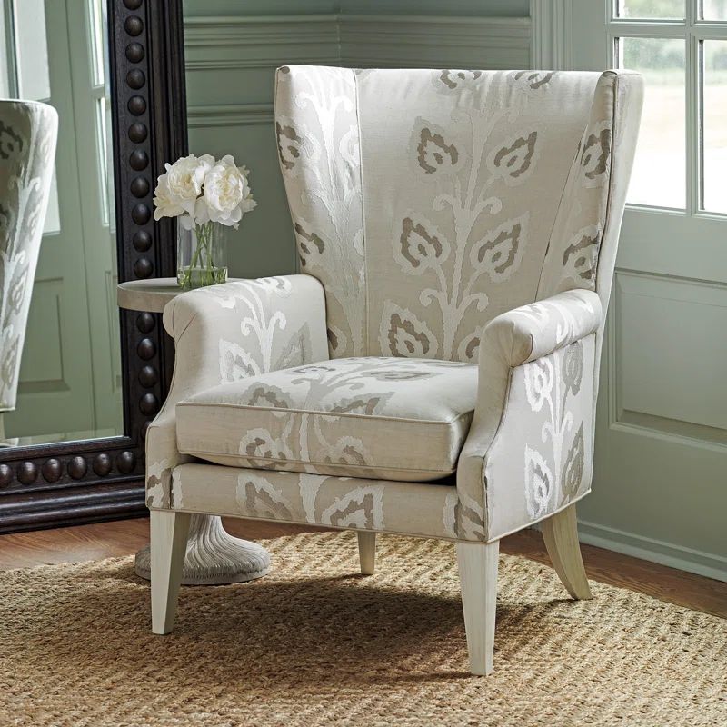 Whitewash Upholstered Wingback Armchair with Patterned Fabric