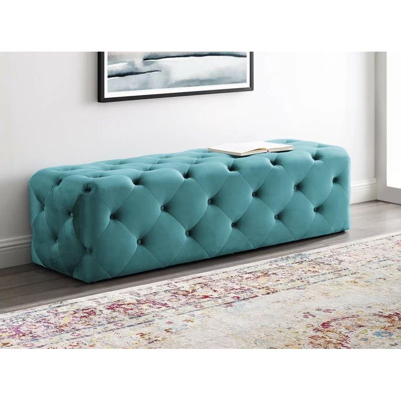 Sea Blue Velvet Tufted 60" Bench with Deep Button Detailing