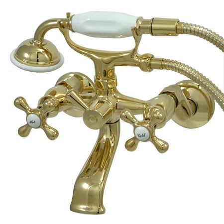 Victorian Polished Brass Wall Mount Clawfoot Tub Faucet with Cross Handles and Hand Shower