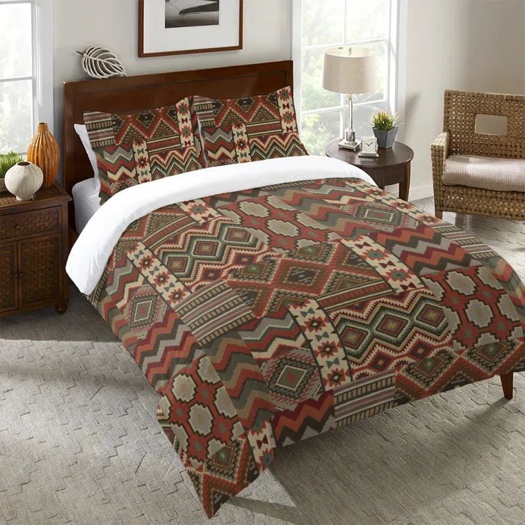 King Size Red Cotton Reversible Southwestern Quilt Set