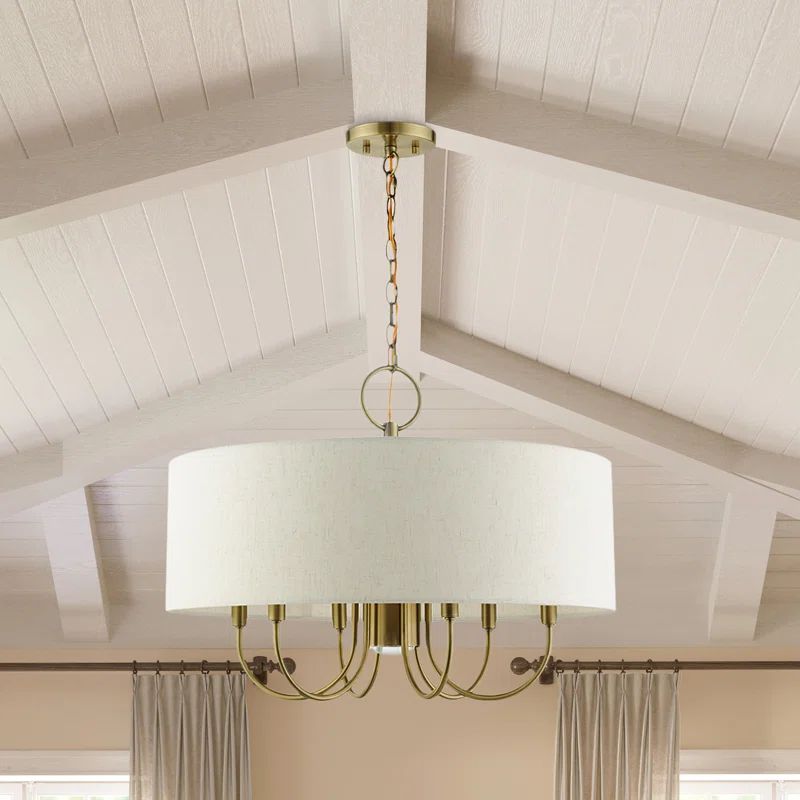 Blossom Antique Brass 7-Light Drum Chandelier with Oatmeal Shade