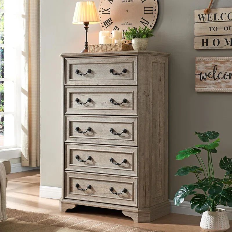 Light Rustic Oak Tall Farmhouse 5-Drawer Wood Dresser