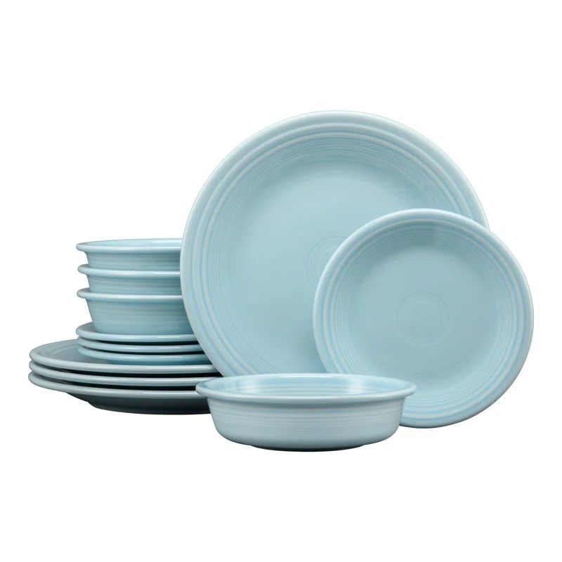 Sky Blue Ceramic 12-Piece Dinnerware Set with Fluting