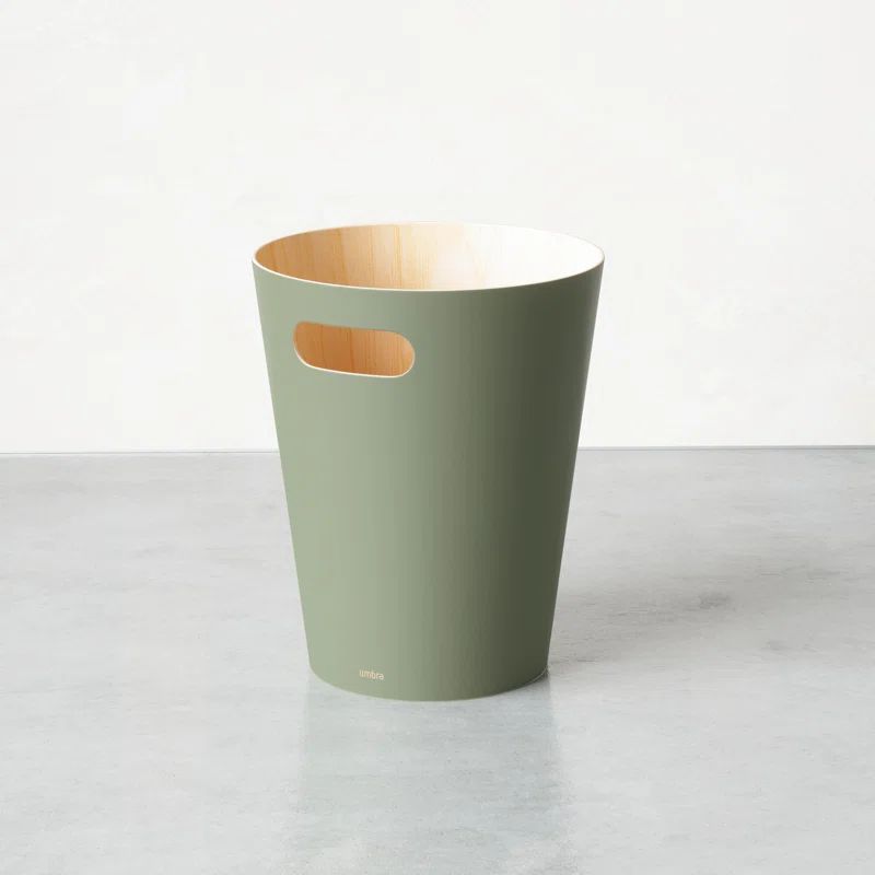 Spruce Green Wood Bathroom Waste Basket with Integrated Handles