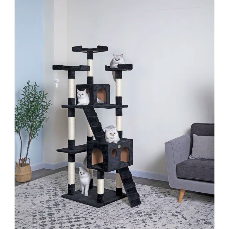 Black Freestanding Sisal Cat Tree Tower with Condos