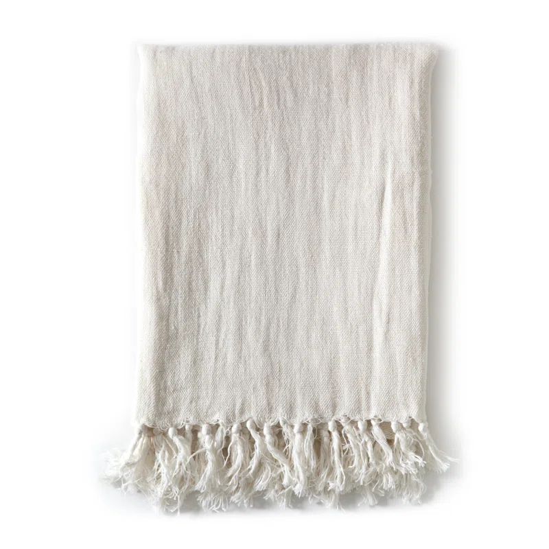 Indigo Montauk King-Size Heavy Linen Throw Blanket with Knotted Fray Edges