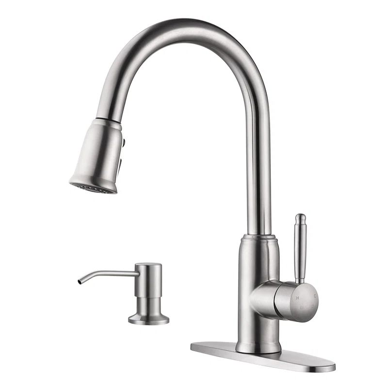 Brushed Nickel Stainless Steel Pull-Down Kitchen Faucet with Soap Dispenser