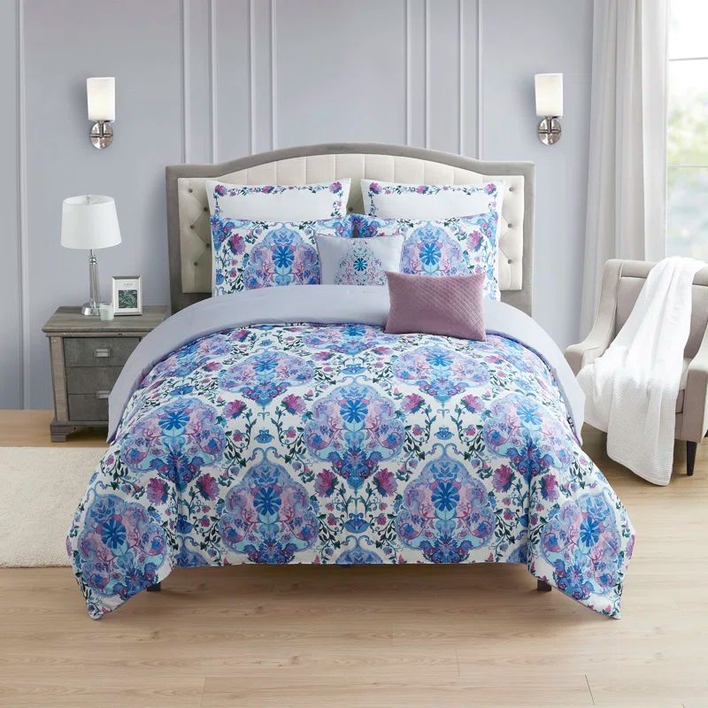 King Gray Microfiber Reversible Floral Comforter Set