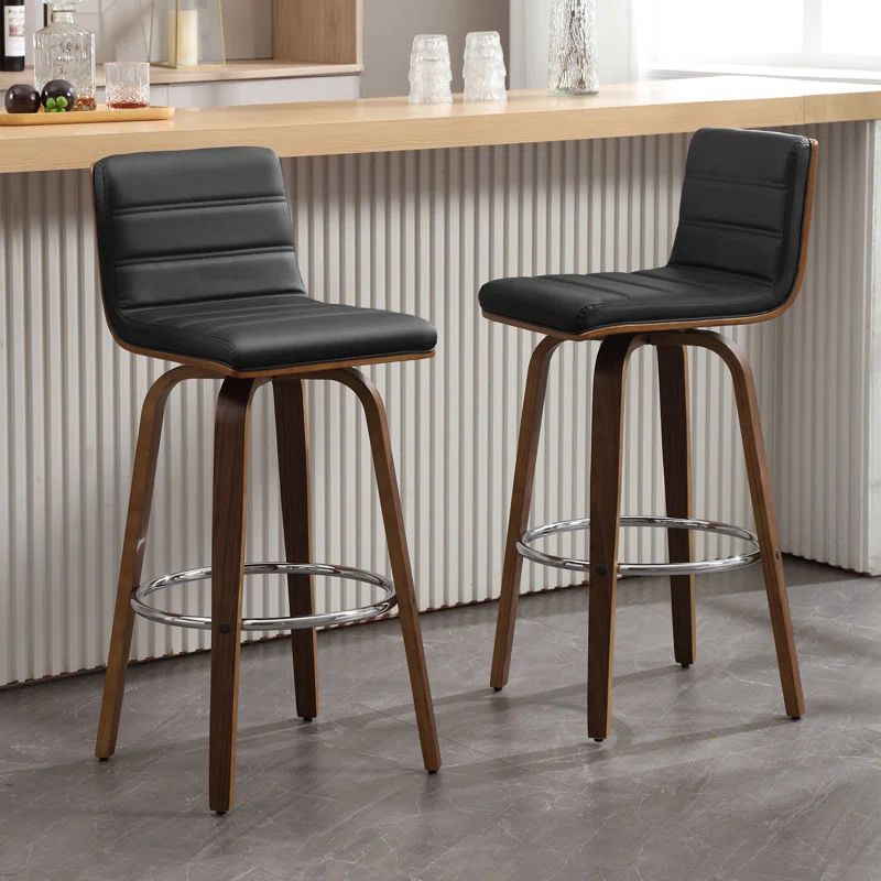 29 Inch Black Faux Leather Swivel Bar Stools with Wood Legs