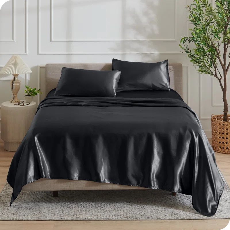 Twin Black Satin Deep Pocket Sheet Set
