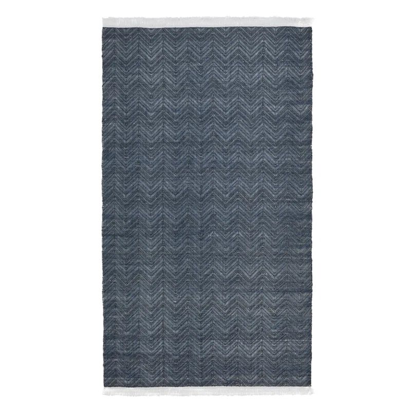 Navy Blue Rectangular Herringbone Synthetic 8' x 10' Rug