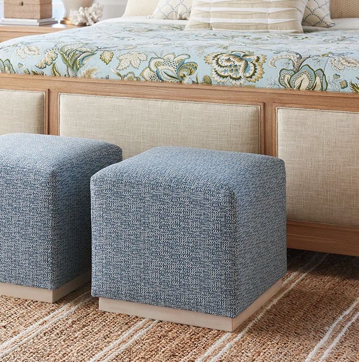 Colby Blue Upholstered Ottoman with Cameo Shores Frame