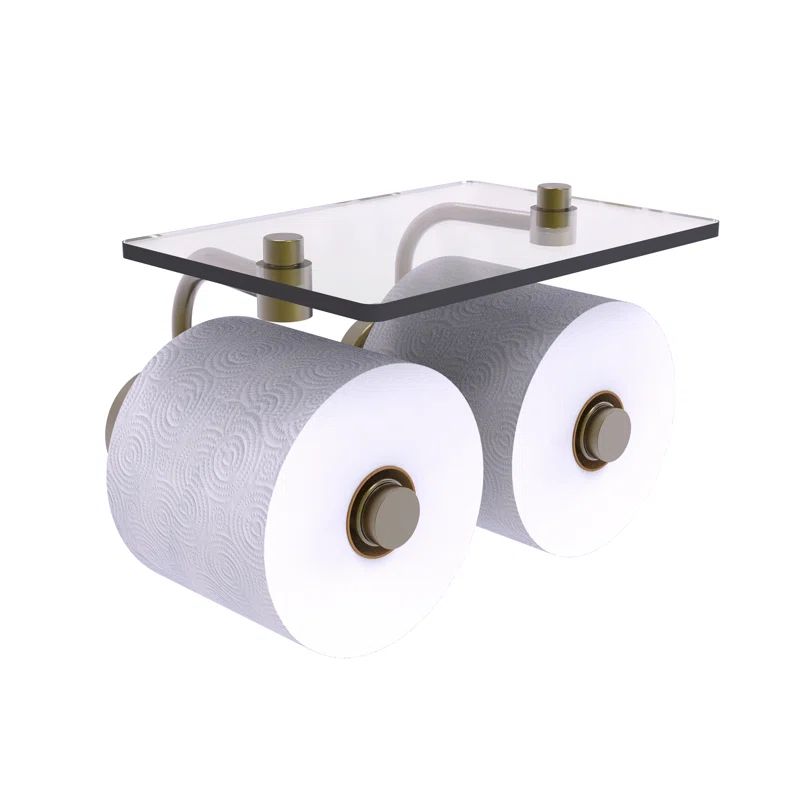 Antique Brass Double Roll Toilet Paper Holder with Glass Shelf