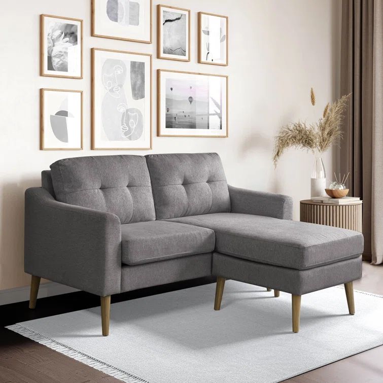 Charcoal Tufted Fabric Loveseat with Ottoman and Wood Legs