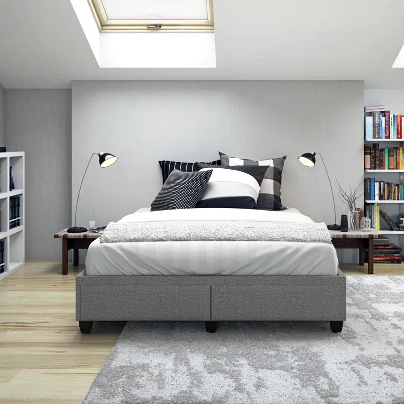 Gray Linen Full Size Upholstered Storage Bed Frame with Slats