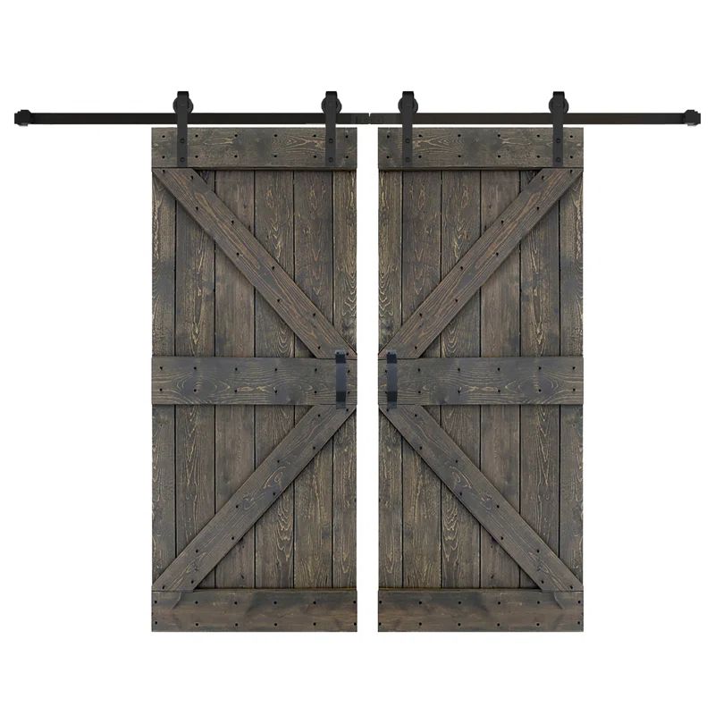 Aged Gray Solid Pine Double Sliding Barn Door with Hardware Kit