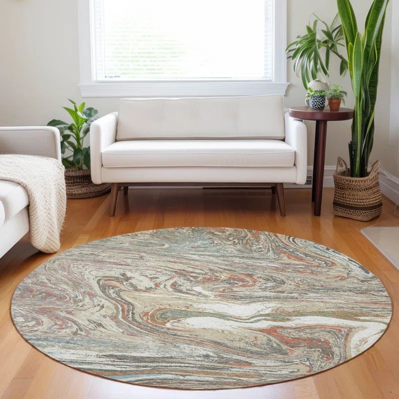 Beige Abstract Round Synthetic Washable Rug, 8'