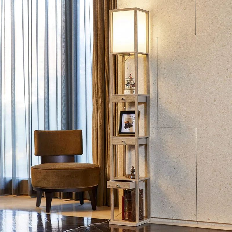 Aaron Rustic Wood LED Floor Lamp with Storage Shelves - 72"