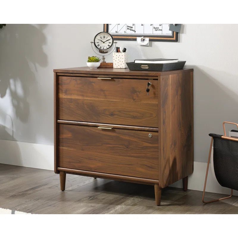 Grand Walnut 2-Drawer Lockable Lateral Filing Cabinet with Brass Handles