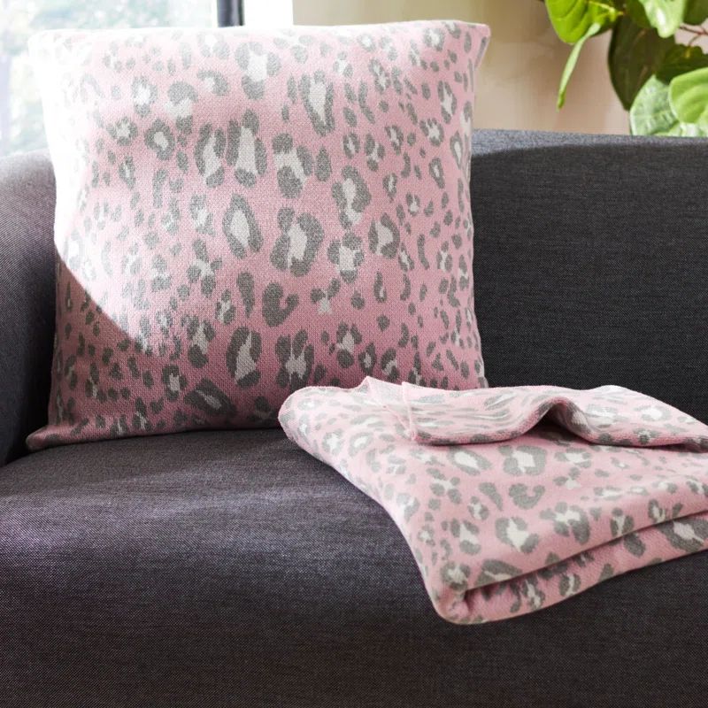 Pink and Black Cotton Leopard Print Square Throw Pillow