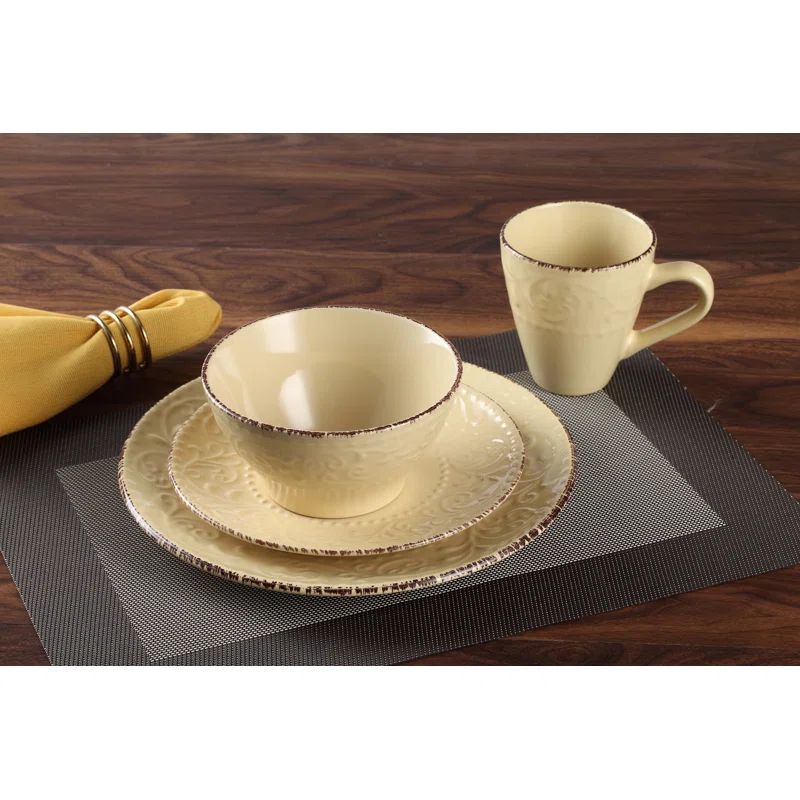 Yellow Ceramic Floral Scroll 16-Piece Dinnerware Set