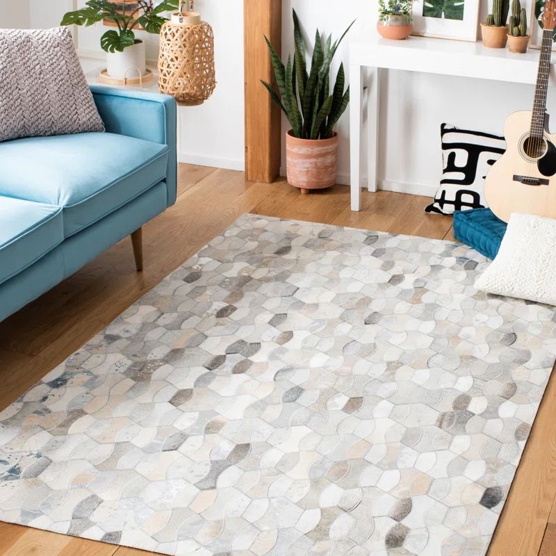 Ivory and Gray Geometric Handmade Cowhide Rug, 8' x 10'