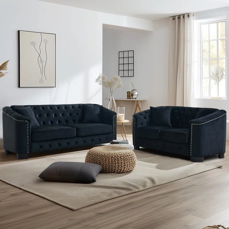 Luxurious Black Velvet Chesterfield Sofa Set with Nailhead Trim