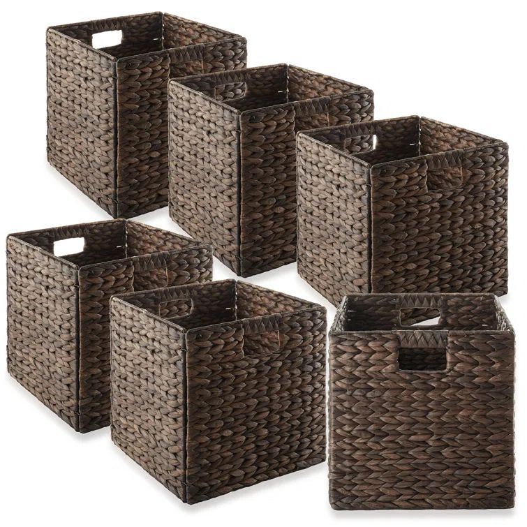 Espresso Handwoven Water Hyacinth Square Storage Baskets, 12" x 12" Set of 6