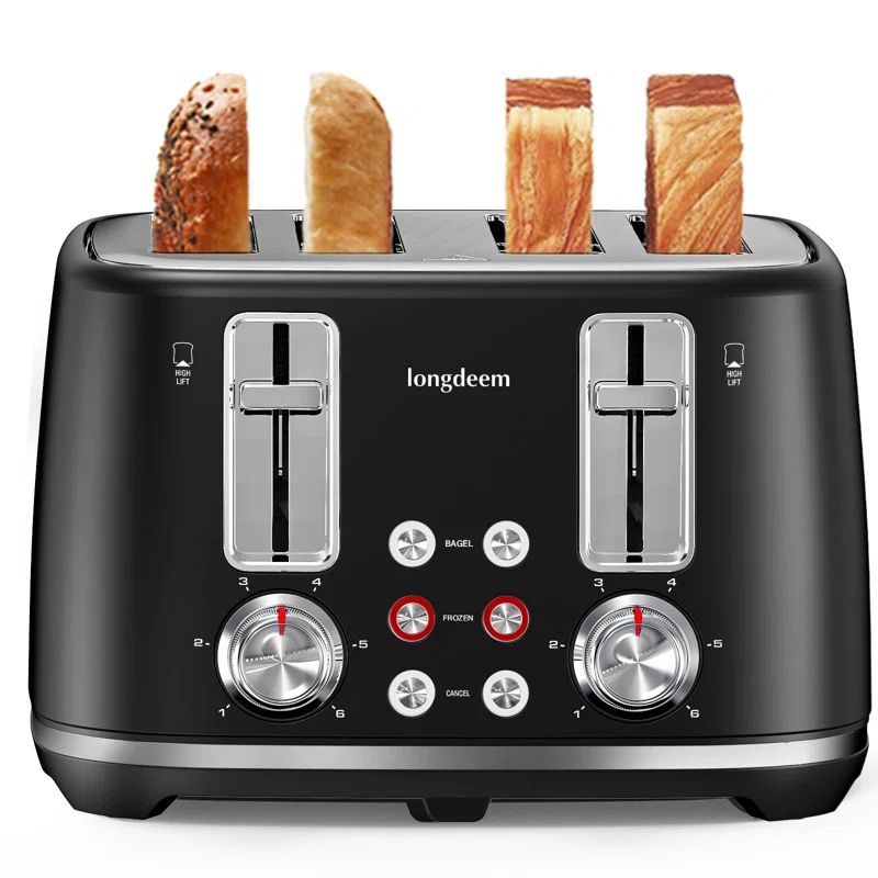 Black Stainless Steel 4-Slice Retro Toaster with Wide Slots
