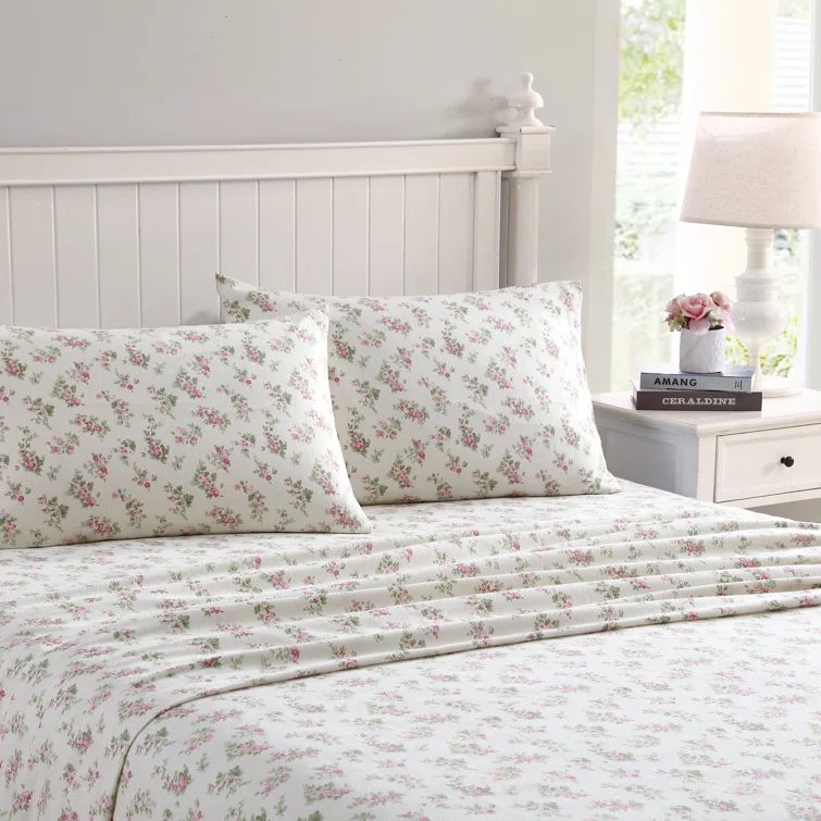 Audrey Pink Floral Cotton Flannel Queen Sheet Set