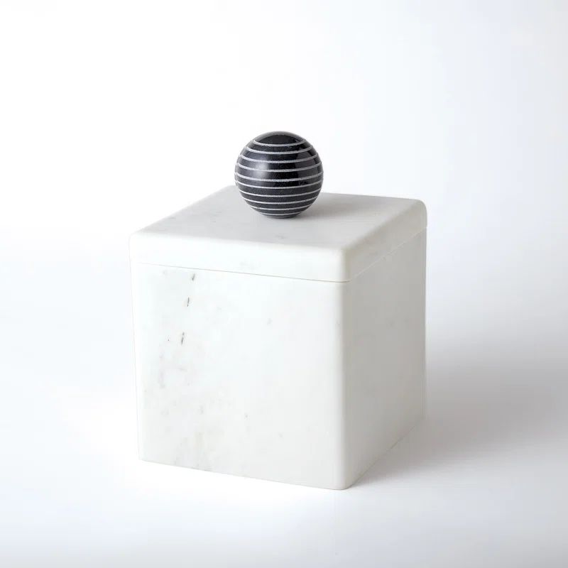 White Marble Lidded Box with Black Orb Accent