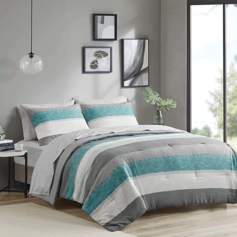 Aqua and Gray Queen Microfiber 7-Piece Bed in a Bag Set