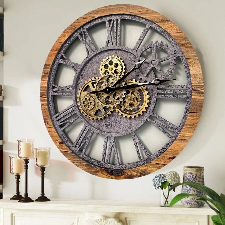 24" Rustic Wood and Stone Oversized Wall Clock with Moving Gears