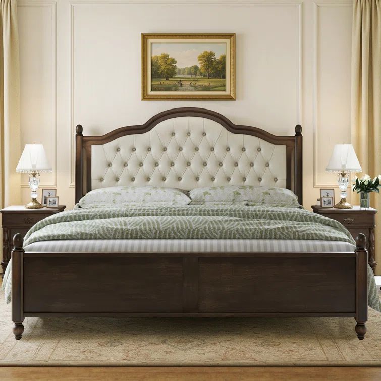 Walnut Queen Bed Frame with Upholstered Headboard and Wood Slat Support