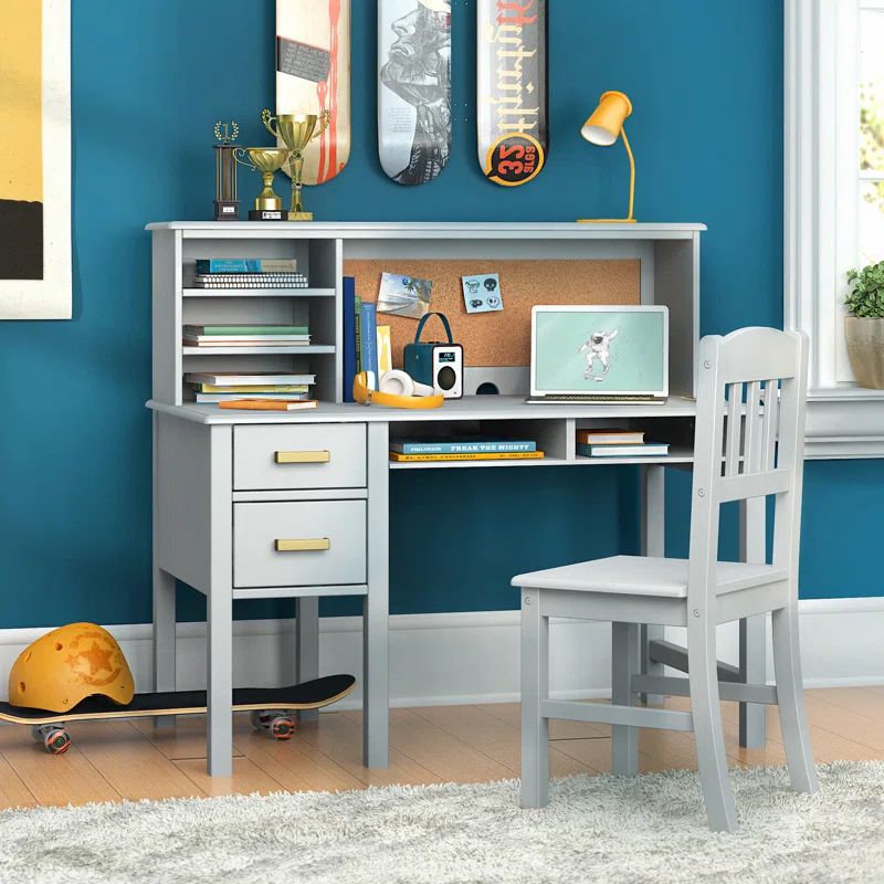 Gray Wooden Kids Desk with Hutch and Chair Set