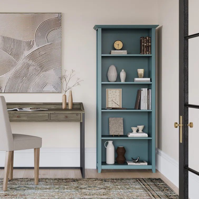 French Blue Solid Pine Wood Adjustable 5-Shelf Bookcase