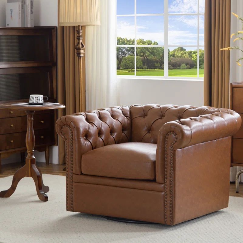 Cognac Faux Leather Tufted Swivel Barrel Accent Chair