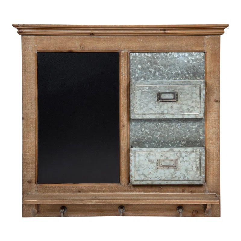 Rustic Brown Wood and Metal Wall Organizer with Chalkboard