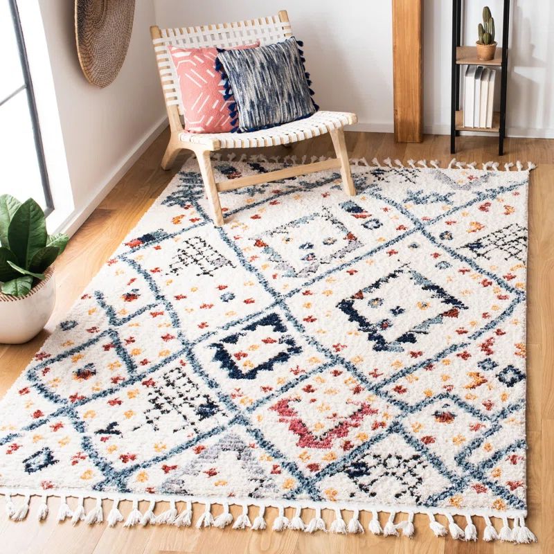 Ivory and Multi Diamond Geometric Round Synthetic Rug