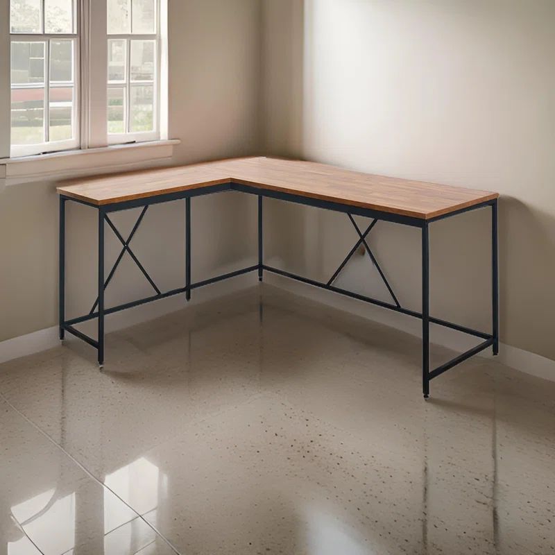 Posy Corner Desk with Black Metal Frame and Brown Wood Top
