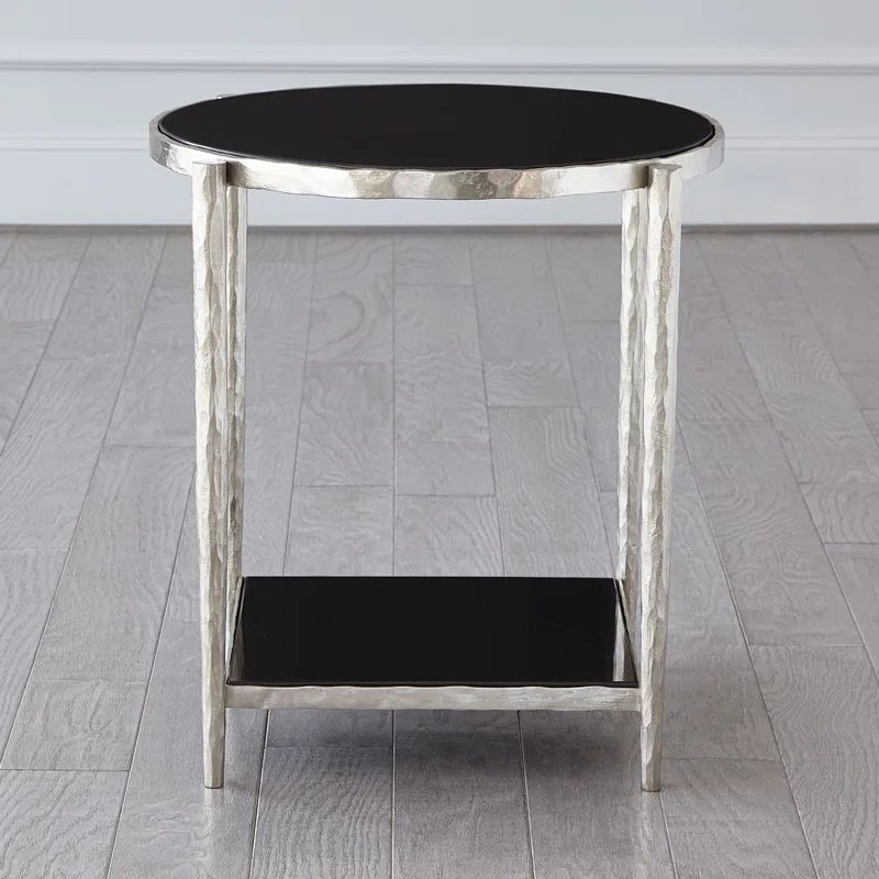 Round Black Granite and Metal Side Table with Shelf