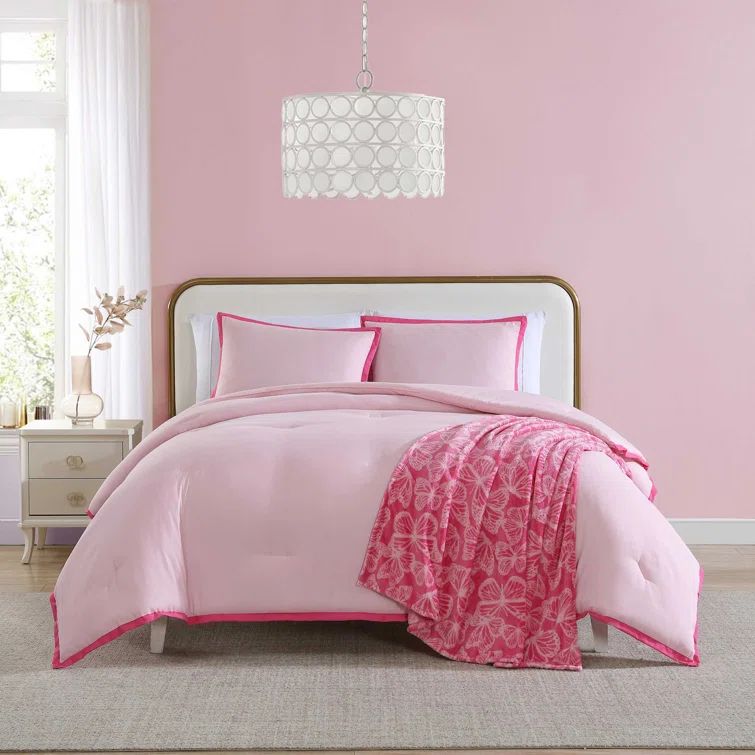 Signature Hotel Solid Pink Microfiber Full Comforter Set with Reversible Throw