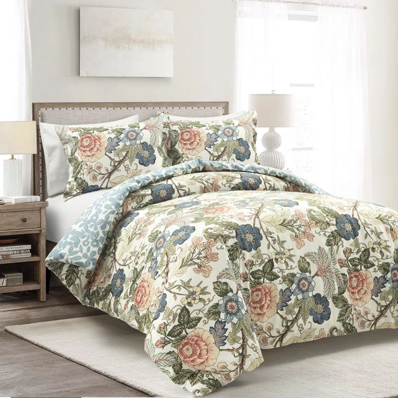 Sydney King Green and Blue Cotton Floral Duvet Cover Set