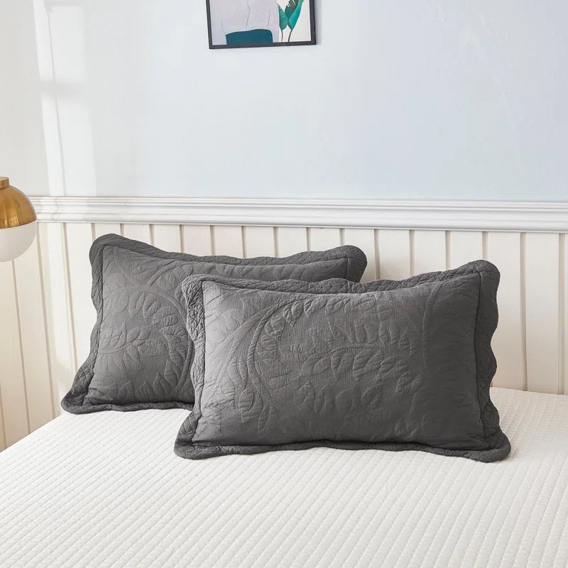 Heather Grey Embroidered Cotton Standard Pillow Sham Set